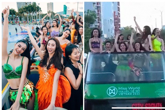 Thí sinh Miss World Vietnam gây tranh cãi khi mặc “đồ bơi” nhảy nhót phản cảm trên xe buýt 2 tầng diễu hành giữa phố